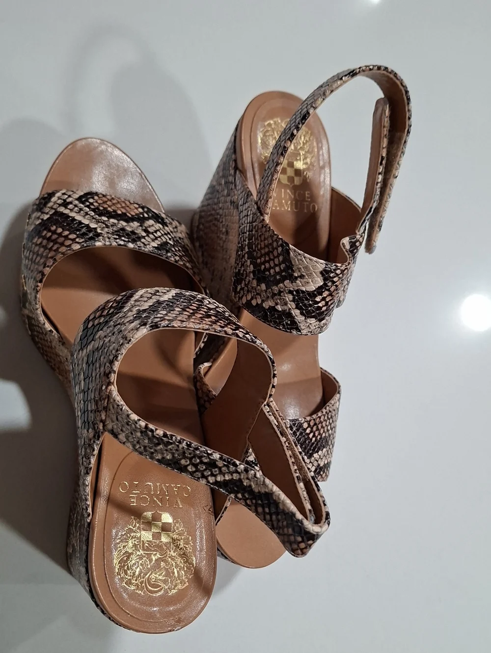 Vince Camuto Taupe Snake-Print Wedge Sandals